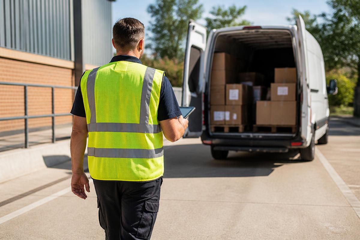 Logistiek medewerker van achteren gefotografeerd, lopend naar een bestelbus met tablet in de hand