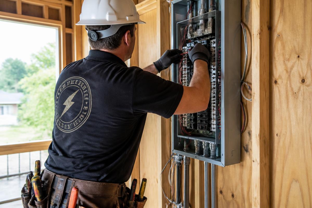 Installateur van achteren gefotografeerd terwijl hij een elektrische installatie aansluit